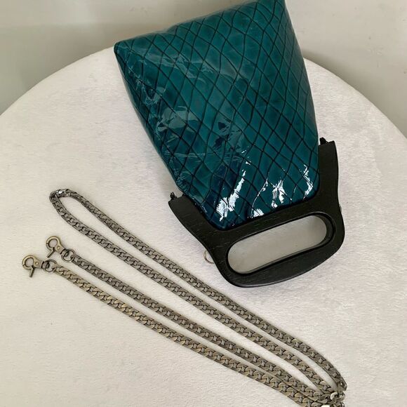 Handmade Genuine Patent Leather Check Print Wooden Frame Pouch/Crossbody - Picture 10 of 16